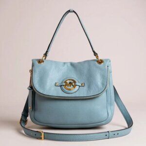 Michael Kors Light Blue Pebbled Leather Satchel Crossbody Bag Gold Hardware